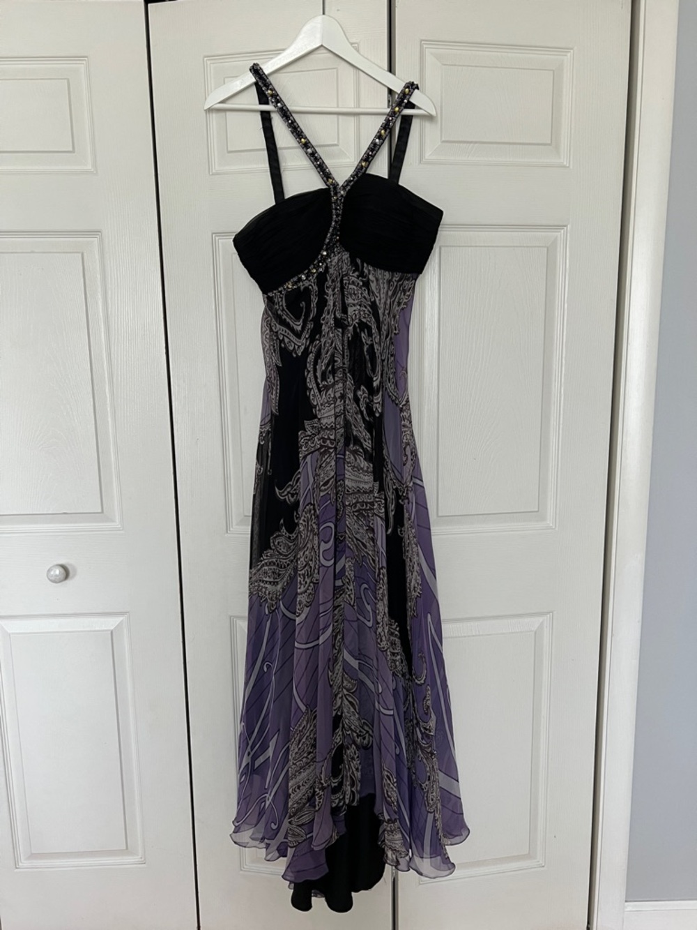 Elegant Black and Purple Paisley Halter Evening Dress